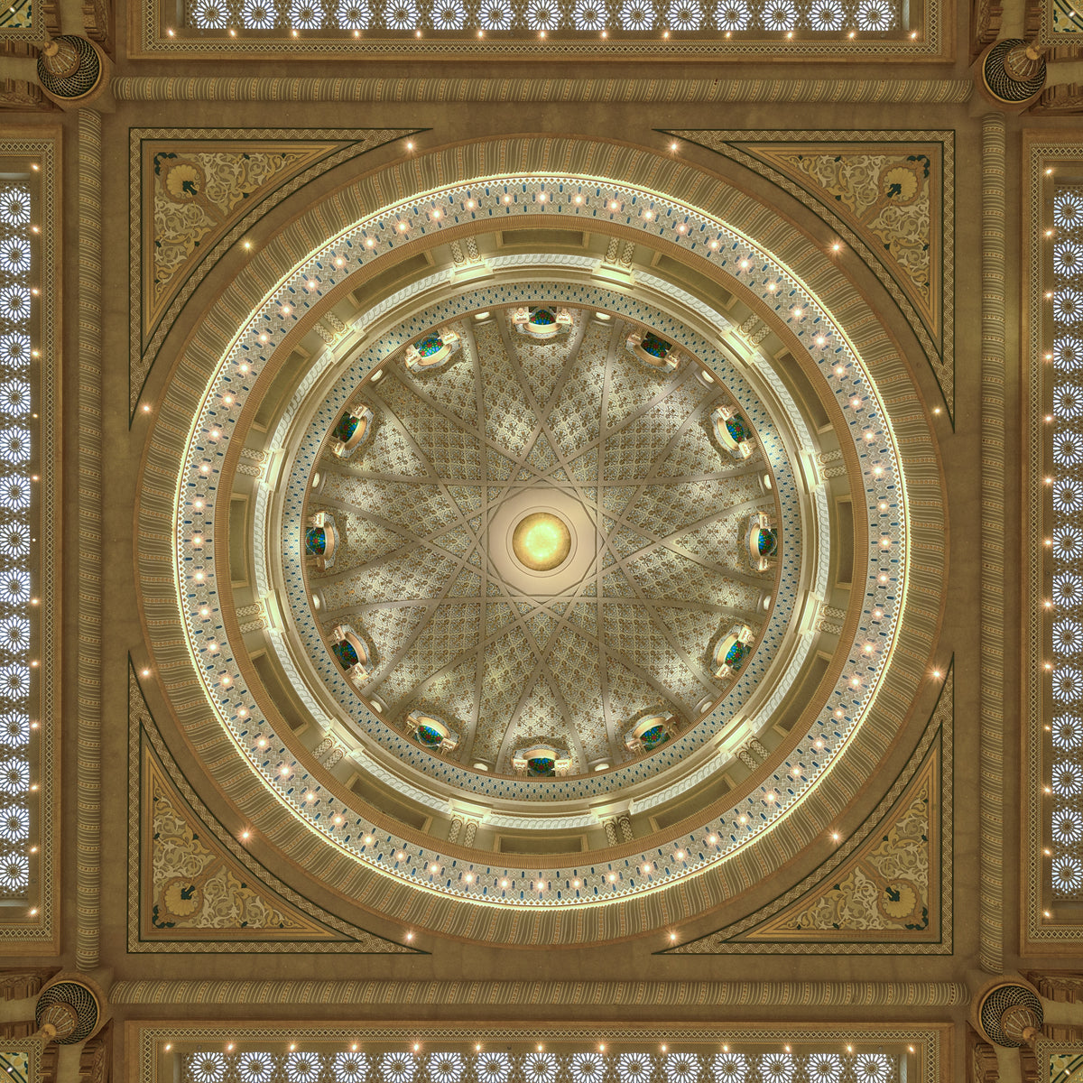Symmetrical upward view of Qasr Al Watan's ornate dome in Abu Dhabi, with intricate geometric patterns, golden tones, and turquoise accents.